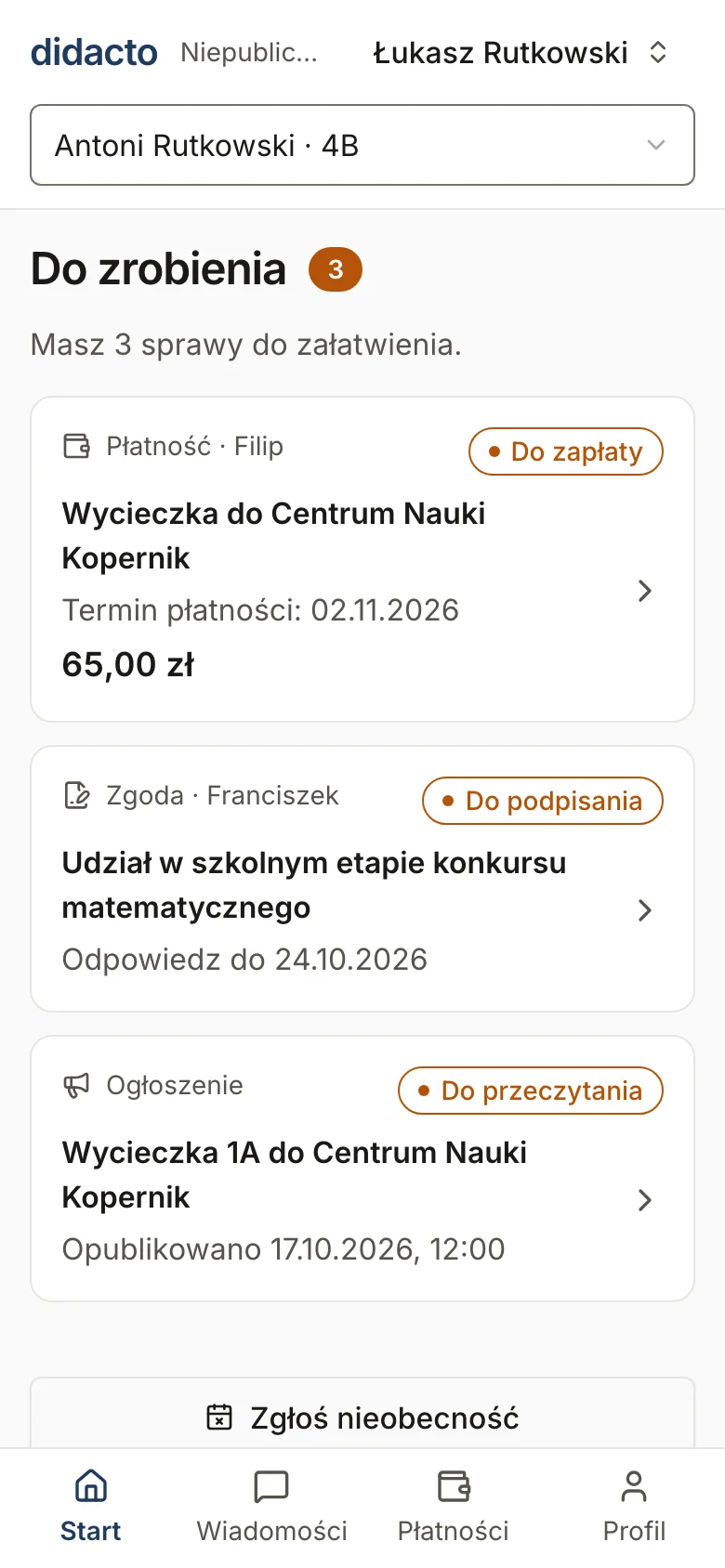 Ekran Start w telefonie rodzica: lista Do zrobienia z płatnością, zgodą do podpisania i ogłoszeniami do przeczytania.