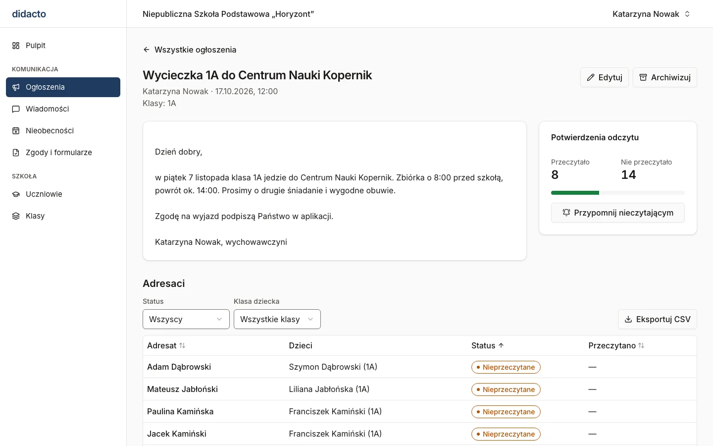 Ogłoszenie wychowawczyni do klasy 1A z potwierdzeniami odczytu: ile osób przeczytało, kto jeszcze nie i przycisk przypomnienia.