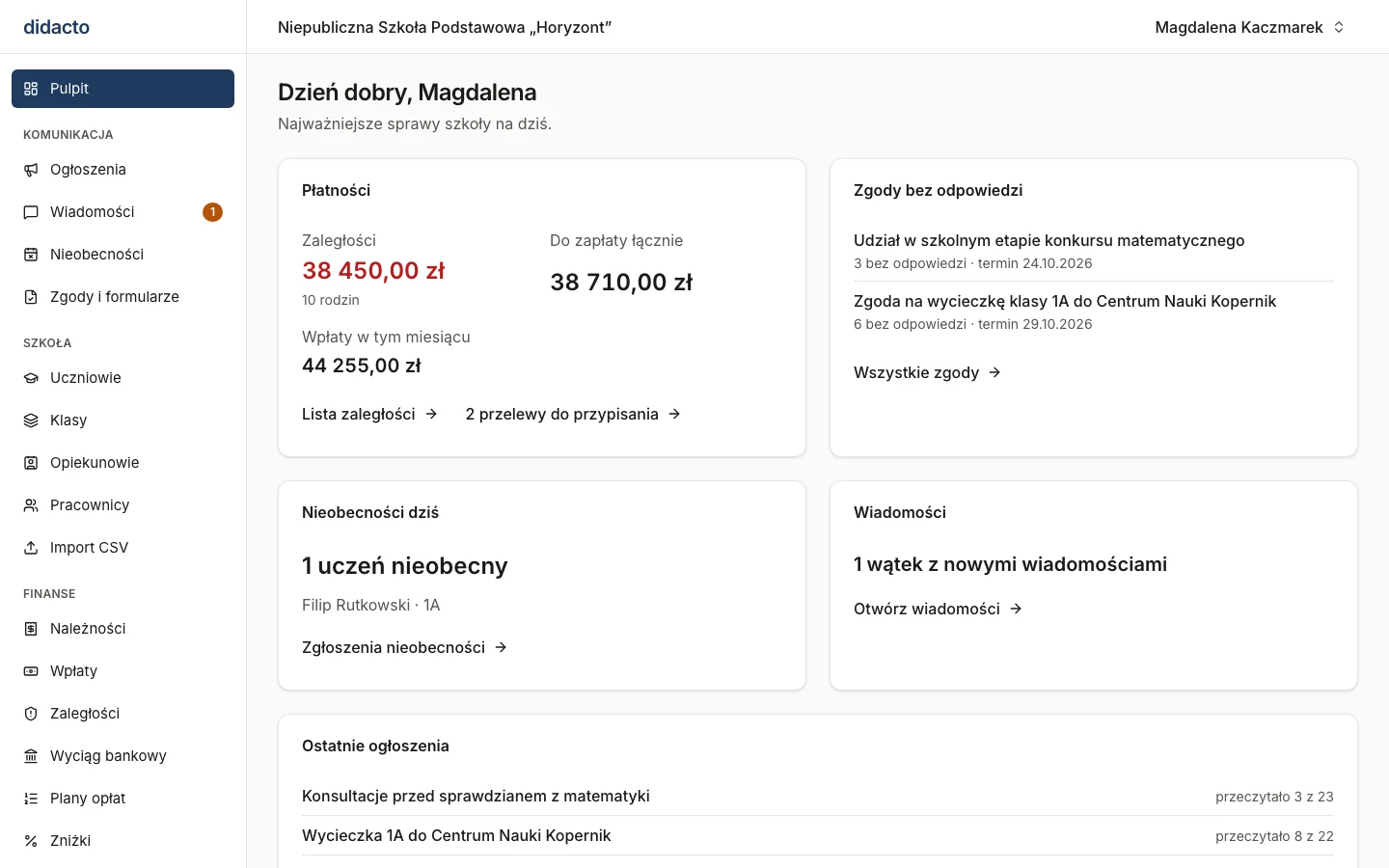 Pulpit szkoły w Didacto: zaległości i wpłaty w tym miesiącu, zgody bez odpowiedzi, nieobecności dziś, nowe wiadomości i ostatnie ogłoszenia z liczbą odczytów.