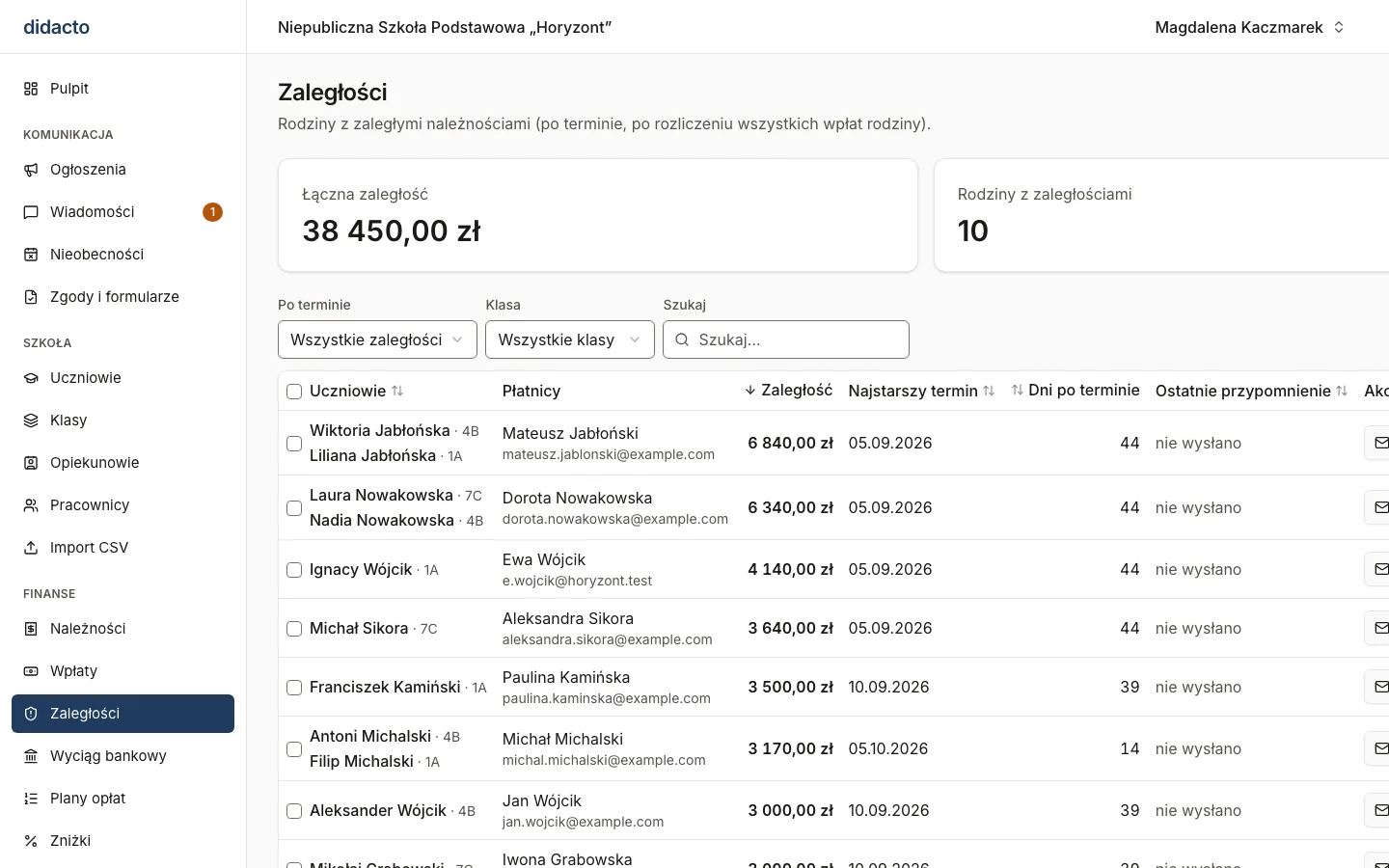 Lista zaległości w Didacto: rodziny z kwotą zaległości, najstarszym terminem, liczbą dni po terminie i datą ostatniego przypomnienia.