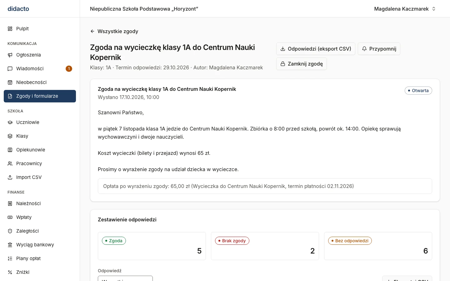 Zestawienie odpowiedzi na zgodę na wycieczkę: liczba zgód, odmów i osób bez odpowiedzi oraz przycisk przypomnienia.